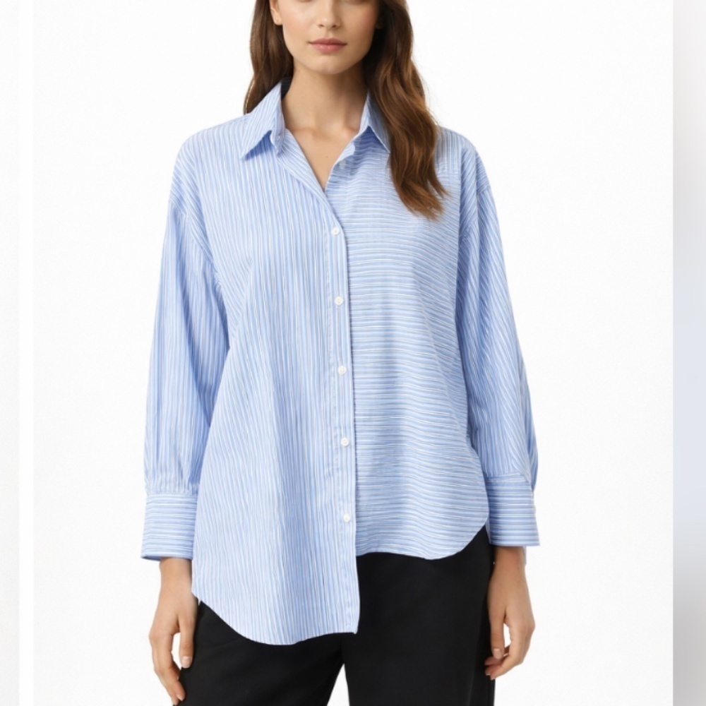Zara Oversized Long Sleeve Cotton Stripped Button Up Asymmetrical Blouse Size XS